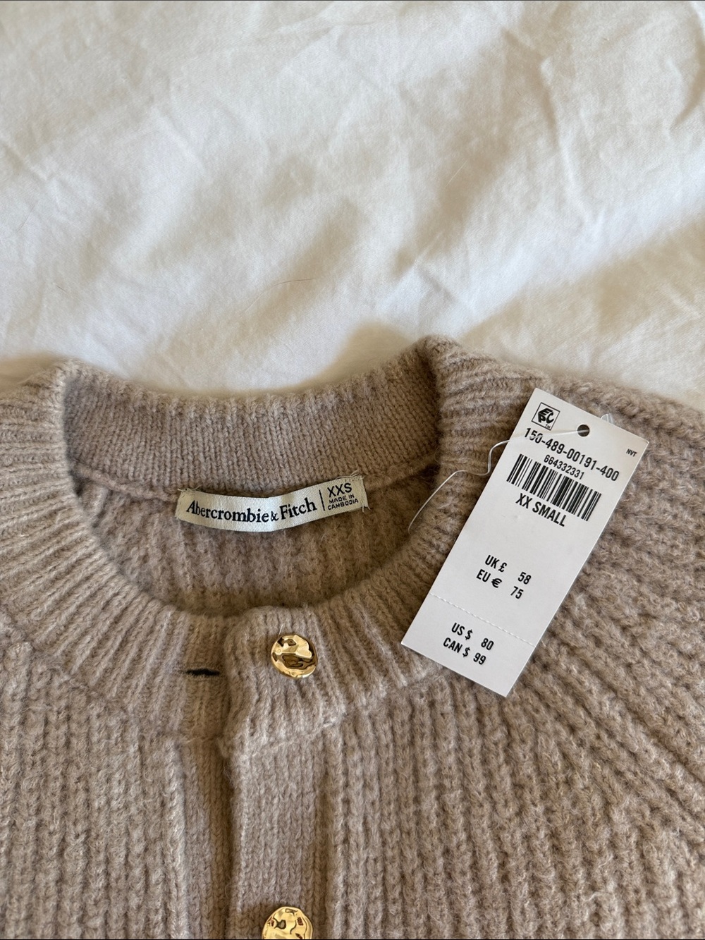 Abercrombie & Fitch Ribbed Taupe Cardigan with Gold Buttons - Picture 2 of 3